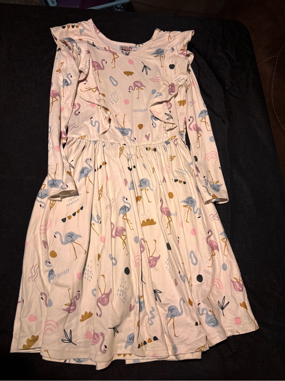 Dot Dot Smile Cream Flamingo Print Ruffle Shoulder Dress